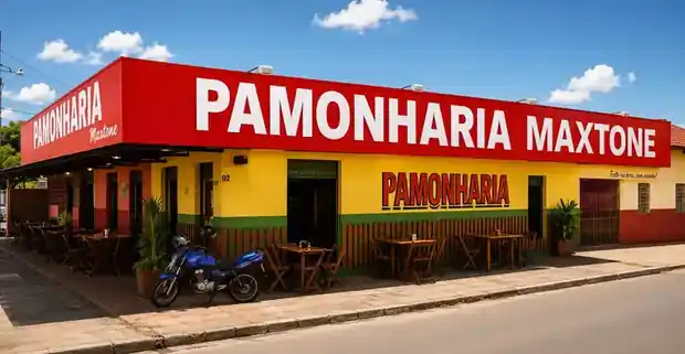 Fachada vermelha e amarela da Pamonharia Maxtone